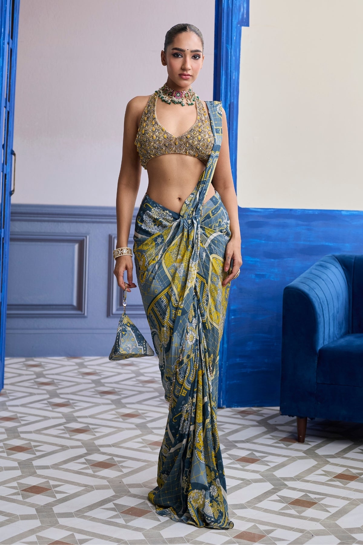 GREY & YELLOW GEOMETRIC HALTER BLOUSE WITH DHOTI SKIRT SAREE SET