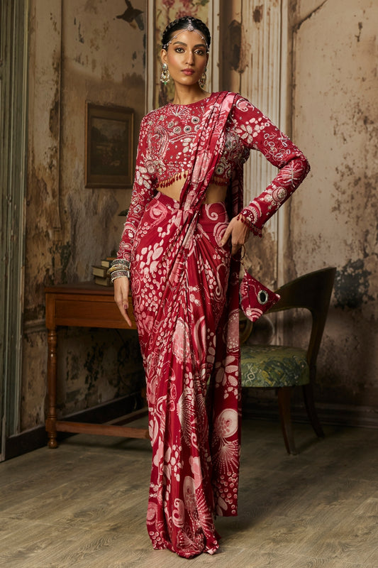 SCARLET RED PRINTED AND HIGHLIGHTED DHOTI SKIRT SAREE SET