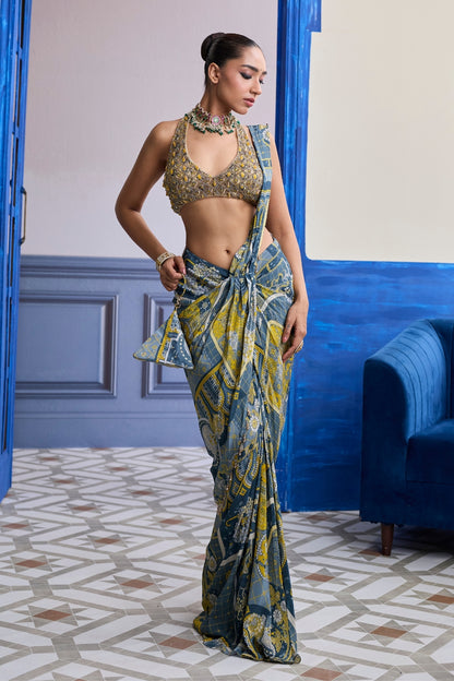GREY & YELLOW GEOMETRIC HALTER BLOUSE WITH DHOTI SKIRT SAREE SET