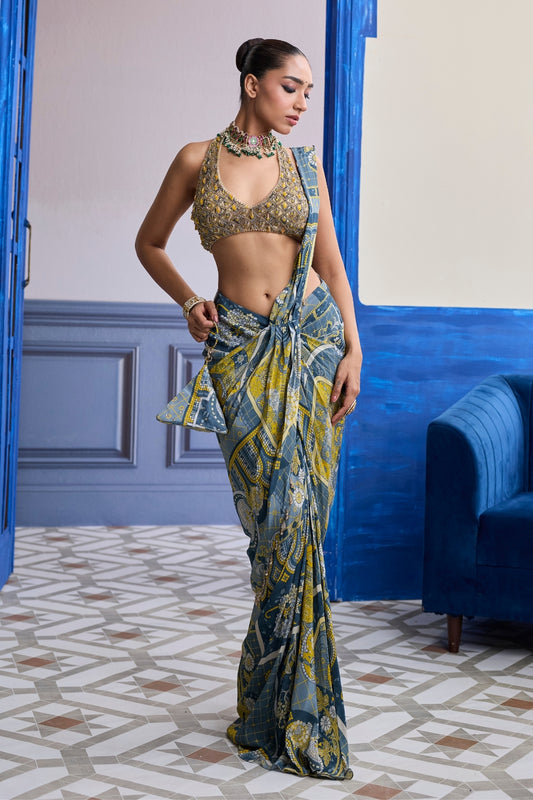 GREY & YELLOW GEOMETRIC HALTER BLOUSE WITH DHOTI SKIRT SAREE SET