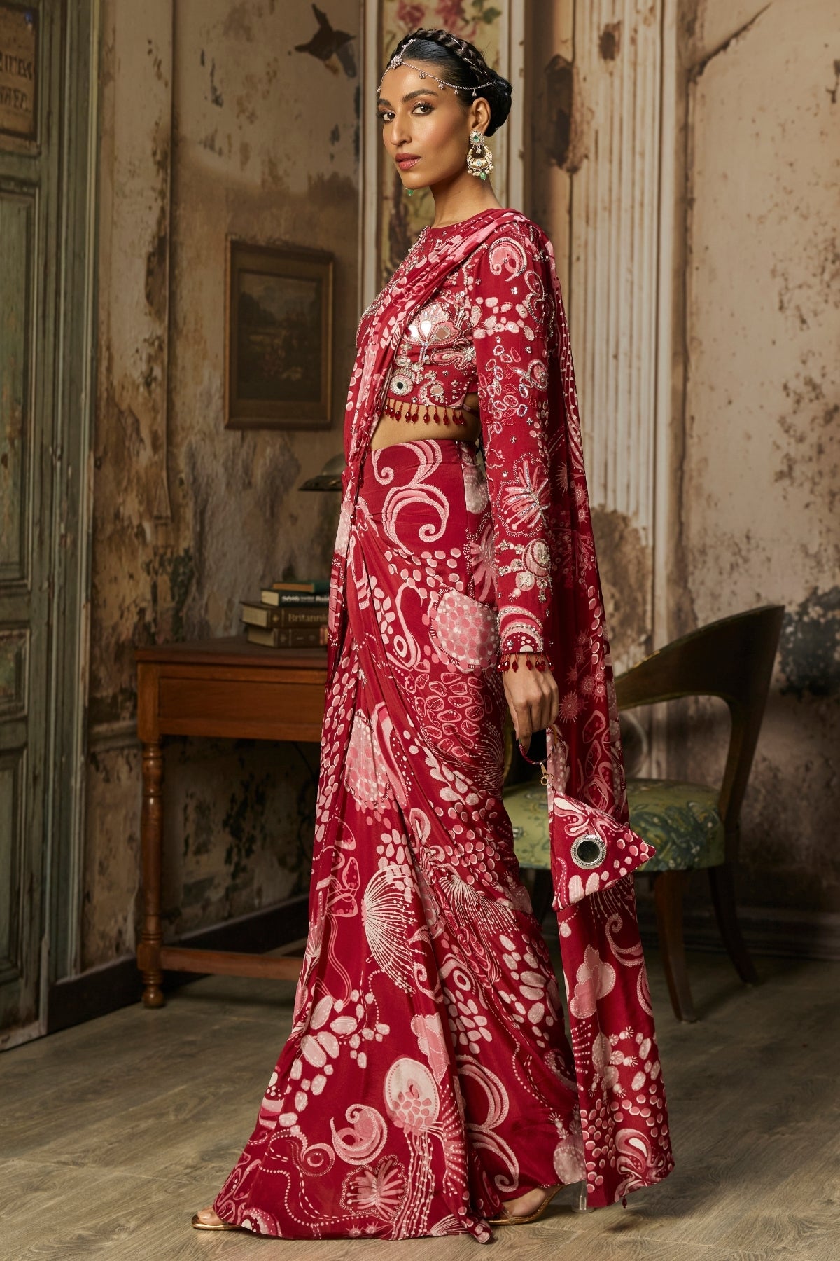 SCARLET RED PRINTED AND HIGHLIGHTED DHOTI SKIRT SAREE SET
