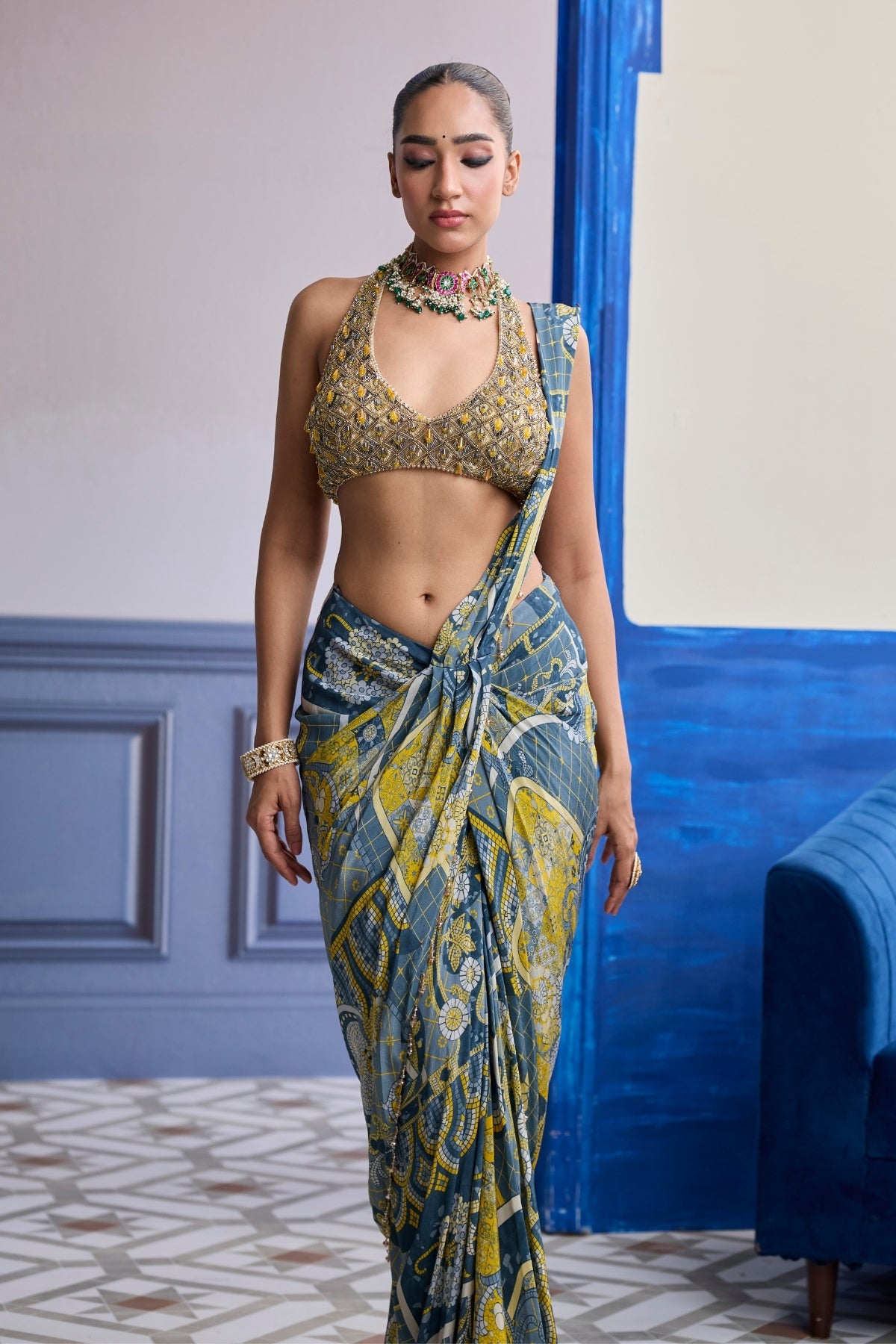 GREY & YELLOW GEOMETRIC HALTER BLOUSE WITH DHOTI SKIRT SAREE SET