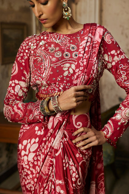 SCARLET RED PRINTED AND HIGHLIGHTED DHOTI SKIRT SAREE SET