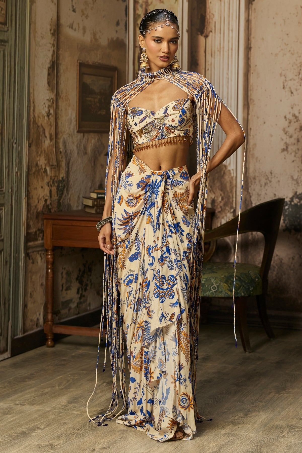 IVORY PRINTED AND HIGHLIGHTED BLOUSE WITH FRINGE JACKET & SKIRT SET