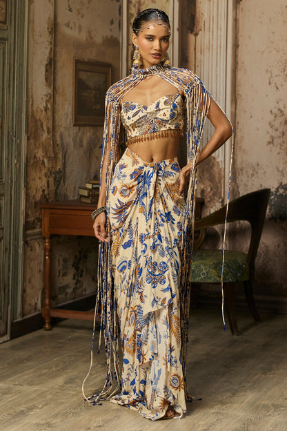 IVORY PRINTED AND HIGHLIGHTED BLOUSE WITH FRINGE JACKET & SKIRT SET