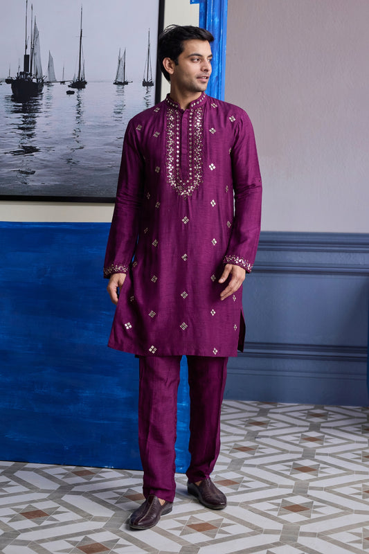 PLUM EMBROIDERED KURTA WITH SOLID PANTS
