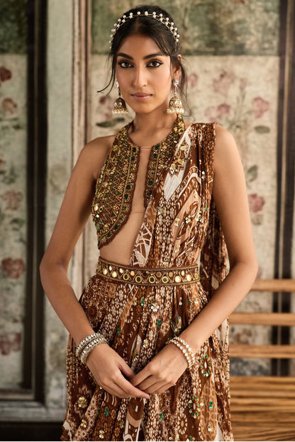 CARAMEL EMBROIDERED HALTER BLOUSE AND CARAMEL PRINT & HIGHLIGHTED  SAREE  SET