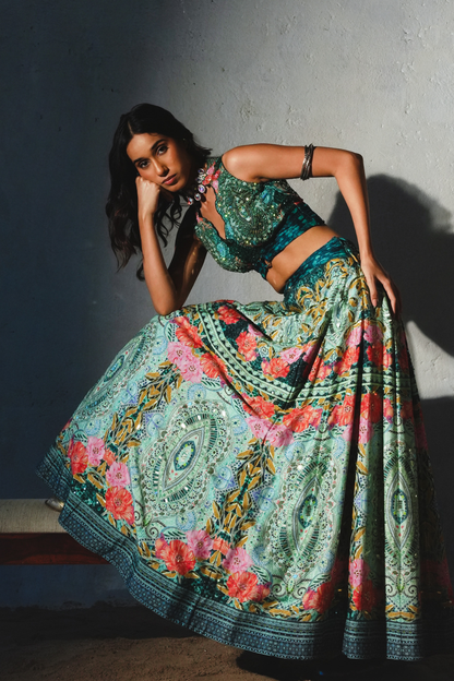 Bottle Green Chiffon Hand Embellished Lehenga Set