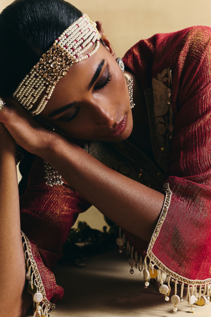 Red peplum & draped skirt