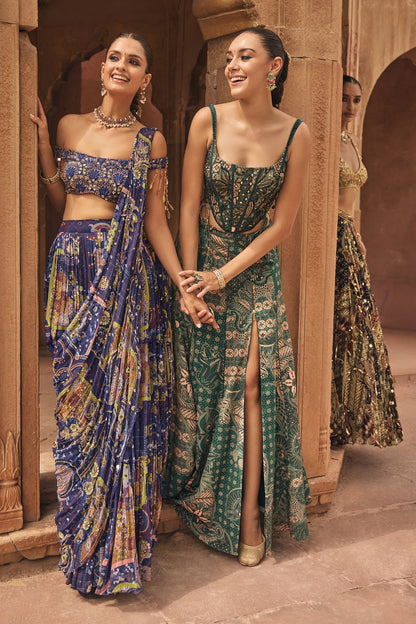 TEAL FLORAL CORSET WITH TIE-UP DETAIL & PANELLED SLIT SKIRT SET