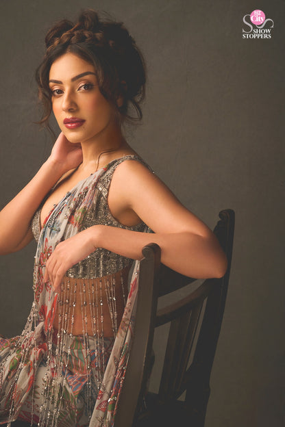 SAHHER BAMBBA IN SLATE GREY EMBROIDERED BLOUSE WITH DHOTI SKIRT SAREE SET