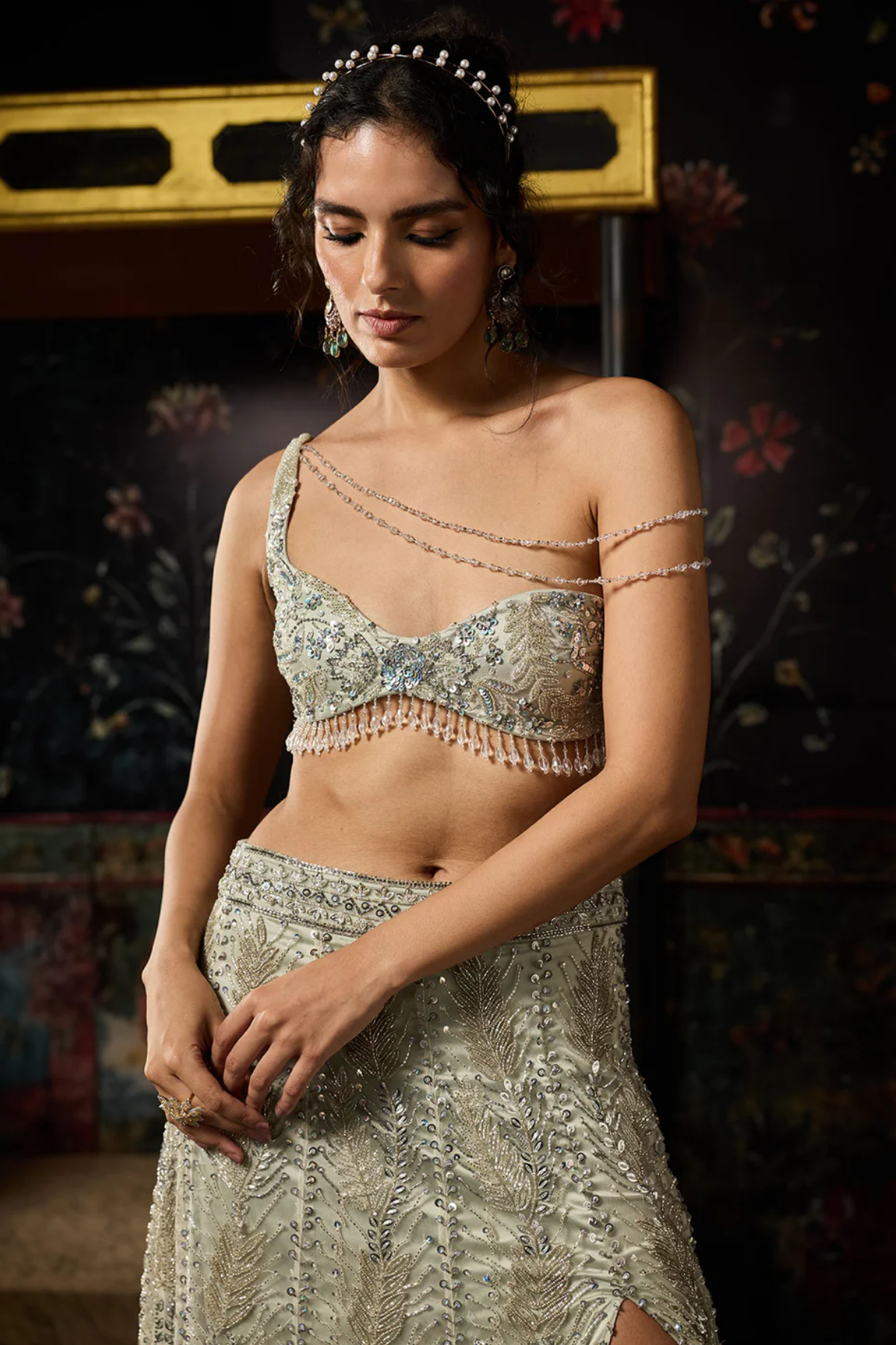 SILVER FULLY EMBELLISHED ASYMMETRICAL SLIT SKIRT SET