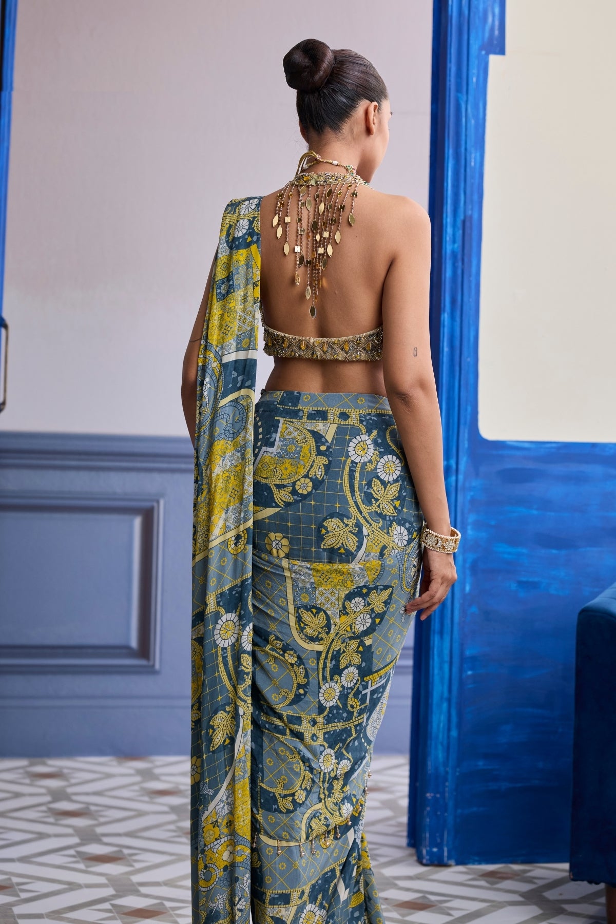 GREY & YELLOW GEOMETRIC HALTER BLOUSE WITH DHOTI SKIRT SAREE SET
