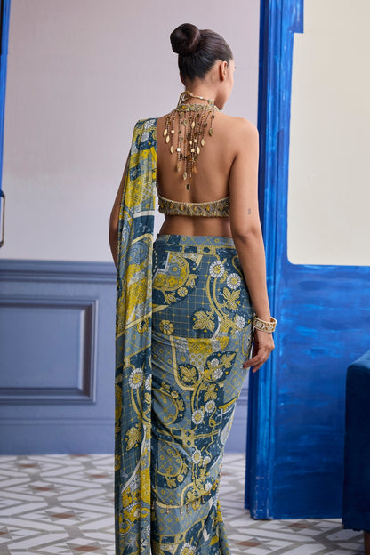 GREY & YELLOW GEOMETRIC HALTER BLOUSE WITH DHOTI SKIRT SAREE SET