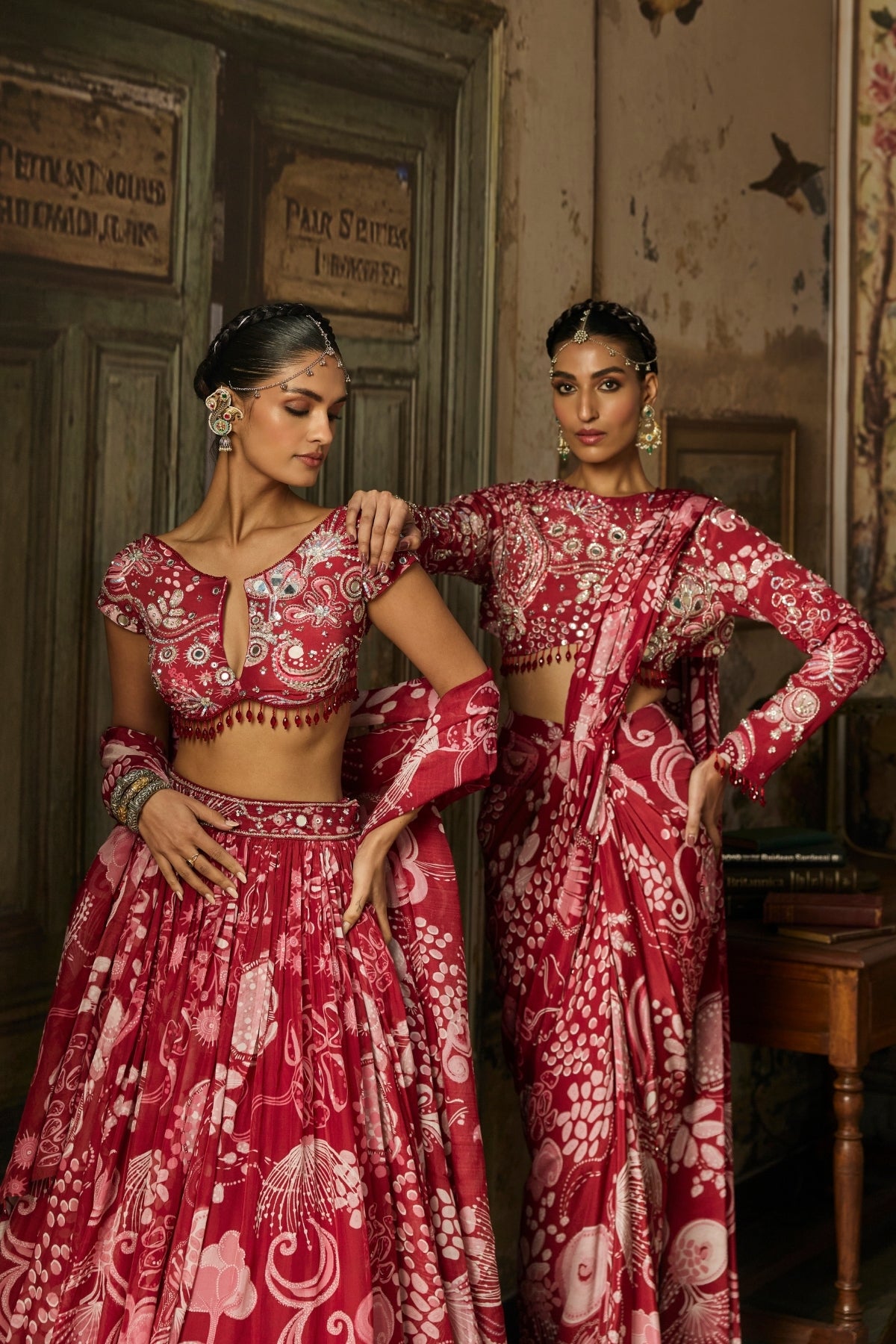 SCARLET RED PRINTED AND HIGHLIGHTED DHOTI SKIRT SAREE SET