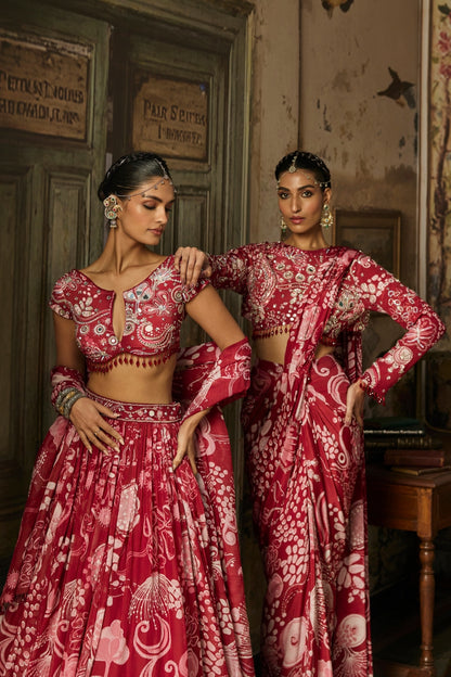 SCARLET RED PRINTED AND HIGHLIGHTED DHOTI SKIRT SAREE SET
