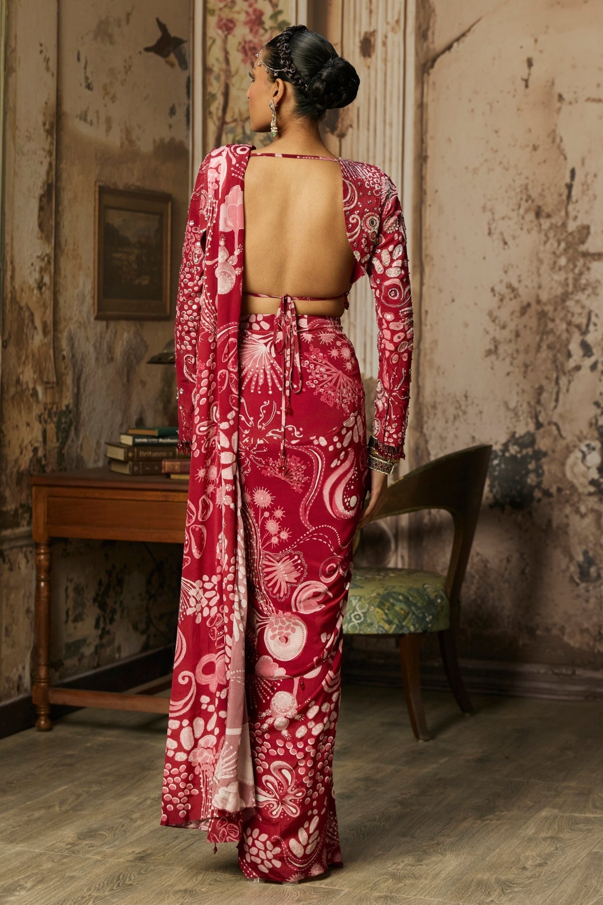 SCARLET RED PRINTED AND HIGHLIGHTED DHOTI SKIRT SAREE SET
