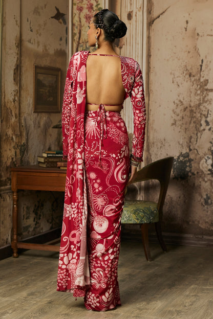 SCARLET RED PRINTED AND HIGHLIGHTED DHOTI SKIRT SAREE SET