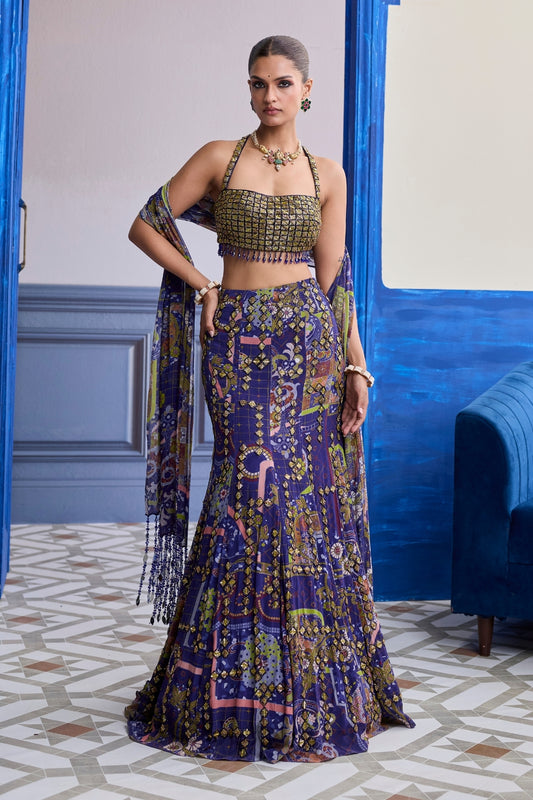 NEON GREEN EMBROIDERED BLOUSE WITH MERMAID SKIRT & TASSEL DUPATTA SET