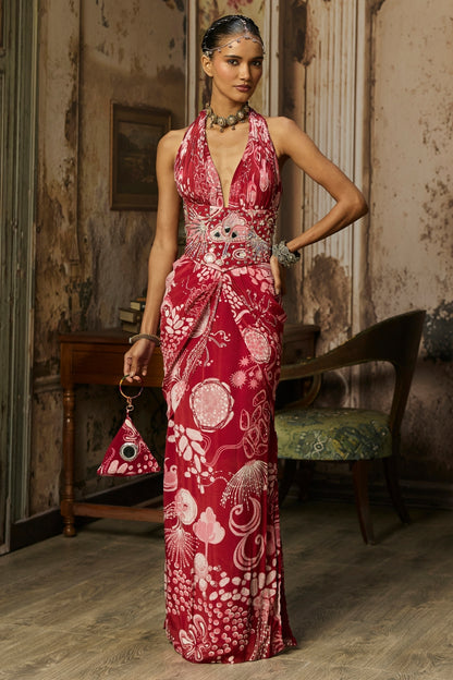 SCARLET RED PRINTED SLIT DRESS WITH HIGHLIGHTED CORSET BELT