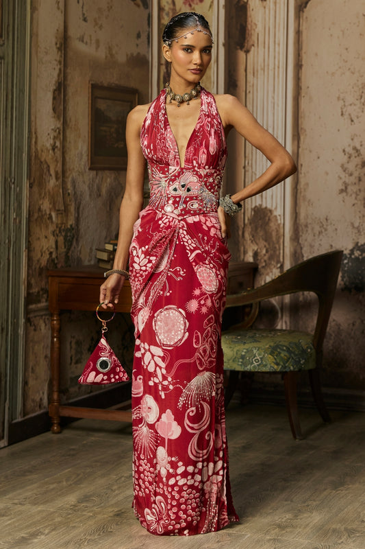 SCARLET RED PRINTED SLIT DRESS WITH HIGHLIGHTED CORSET BELT