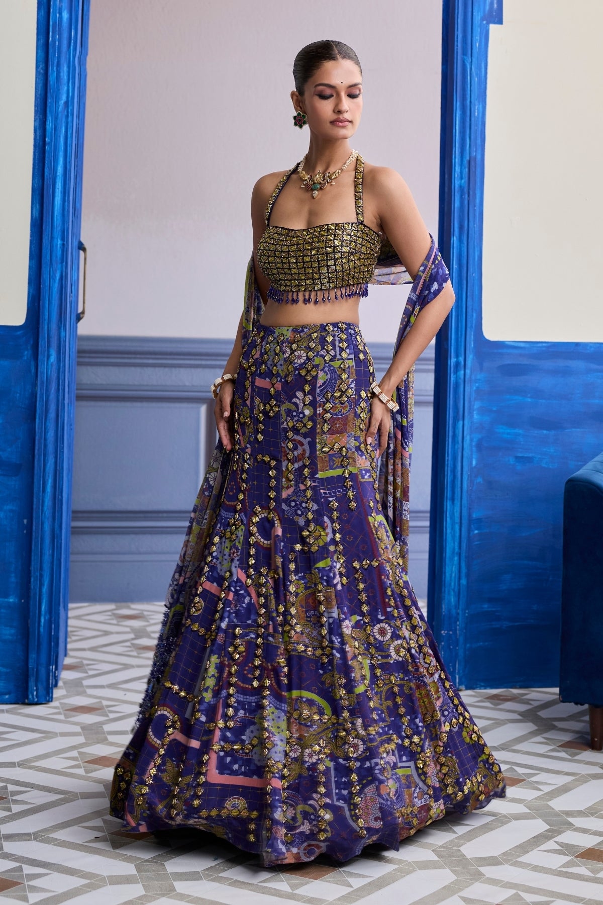 NEON GREEN EMBROIDERED BLOUSE WITH MERMAID SKIRT & TASSEL DUPATTA SET