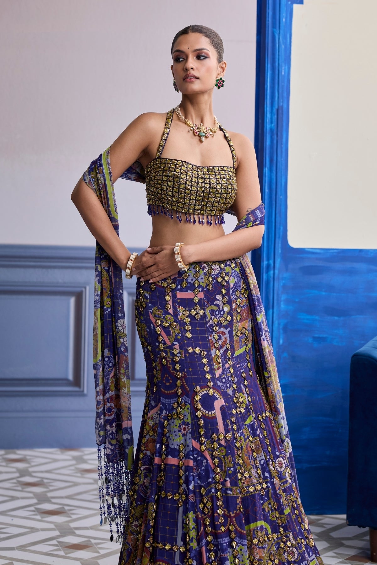 NEON GREEN EMBROIDERED BLOUSE WITH MERMAID SKIRT & TASSEL DUPATTA SET