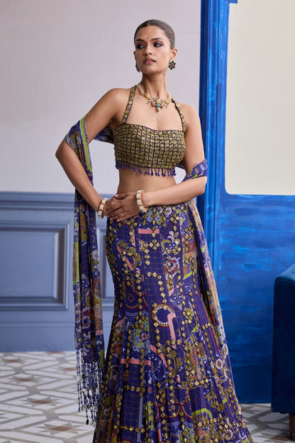 NEON GREEN EMBROIDERED BLOUSE WITH MERMAID SKIRT & TASSEL DUPATTA SET
