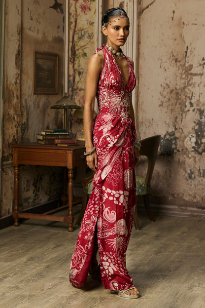 SCARLET RED PRINTED SLIT DRESS WITH HIGHLIGHTED CORSET BELT