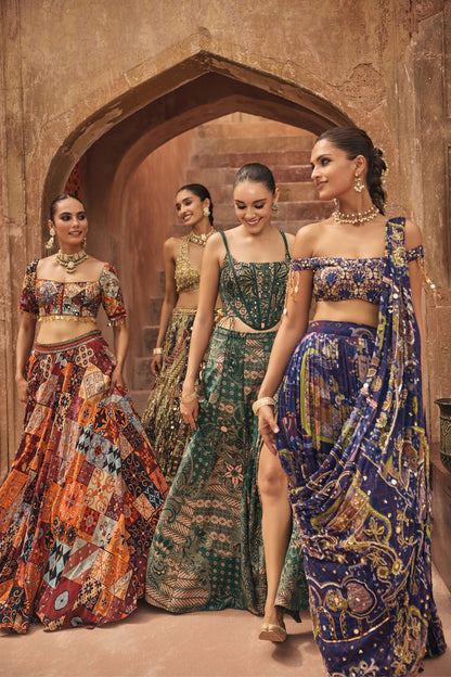 VIOLET MOSAIC OFF-SHOULDER BLOUSE WITH DRAPE TIERED SKIRT SAREE SET