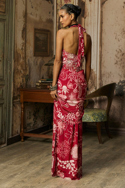 SCARLET RED PRINTED SLIT DRESS WITH HIGHLIGHTED CORSET BELT