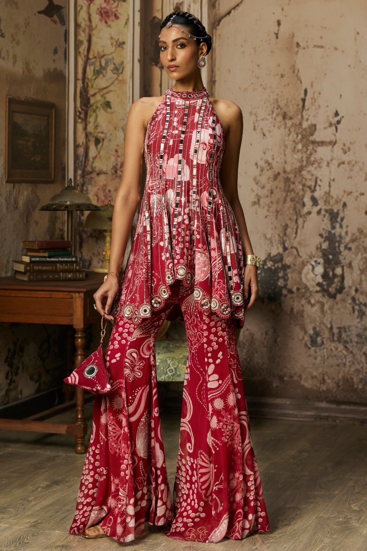 SCARLET RED PRINTED AND HIGHLIGHTED PEPLUM SET