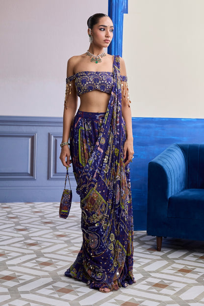 VIOLET MOSAIC OFF-SHOULDER BLOUSE WITH DRAPE TIERED SKIRT SAREE SET
