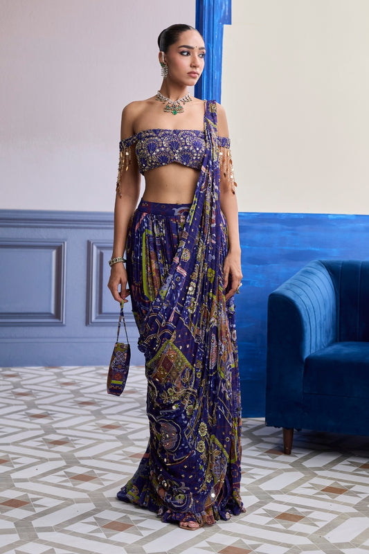 VIOLET MOSAIC OFF-SHOULDER BLOUSE WITH DRAPE TIERED SKIRT SAREE SET