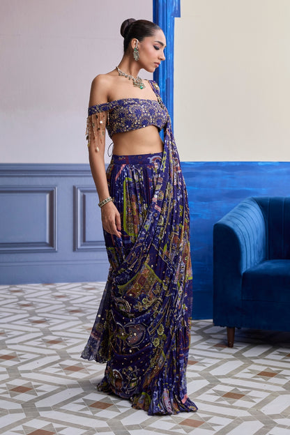 VIOLET MOSAIC OFF-SHOULDER BLOUSE WITH DRAPE TIERED SKIRT SAREE SET