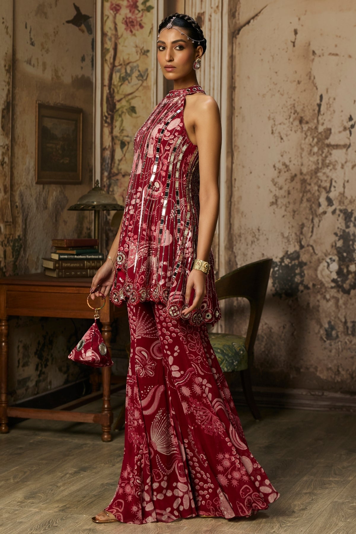 SCARLET RED PRINTED AND HIGHLIGHTED PEPLUM SET