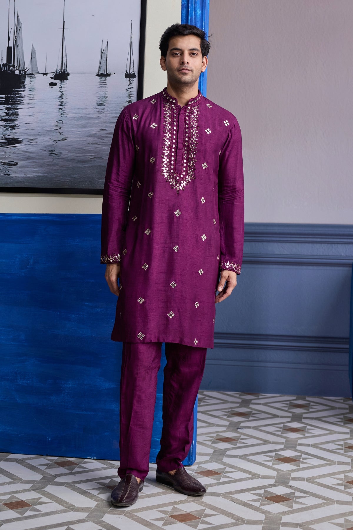 PLUM EMBROIDERED KURTA WITH SOLID PANTS