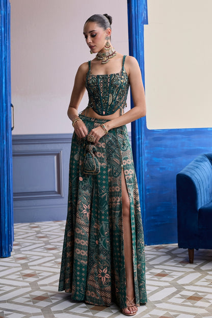TEAL FLORAL CORSET WITH TIE-UP DETAIL & PANELLED SLIT SKIRT SET