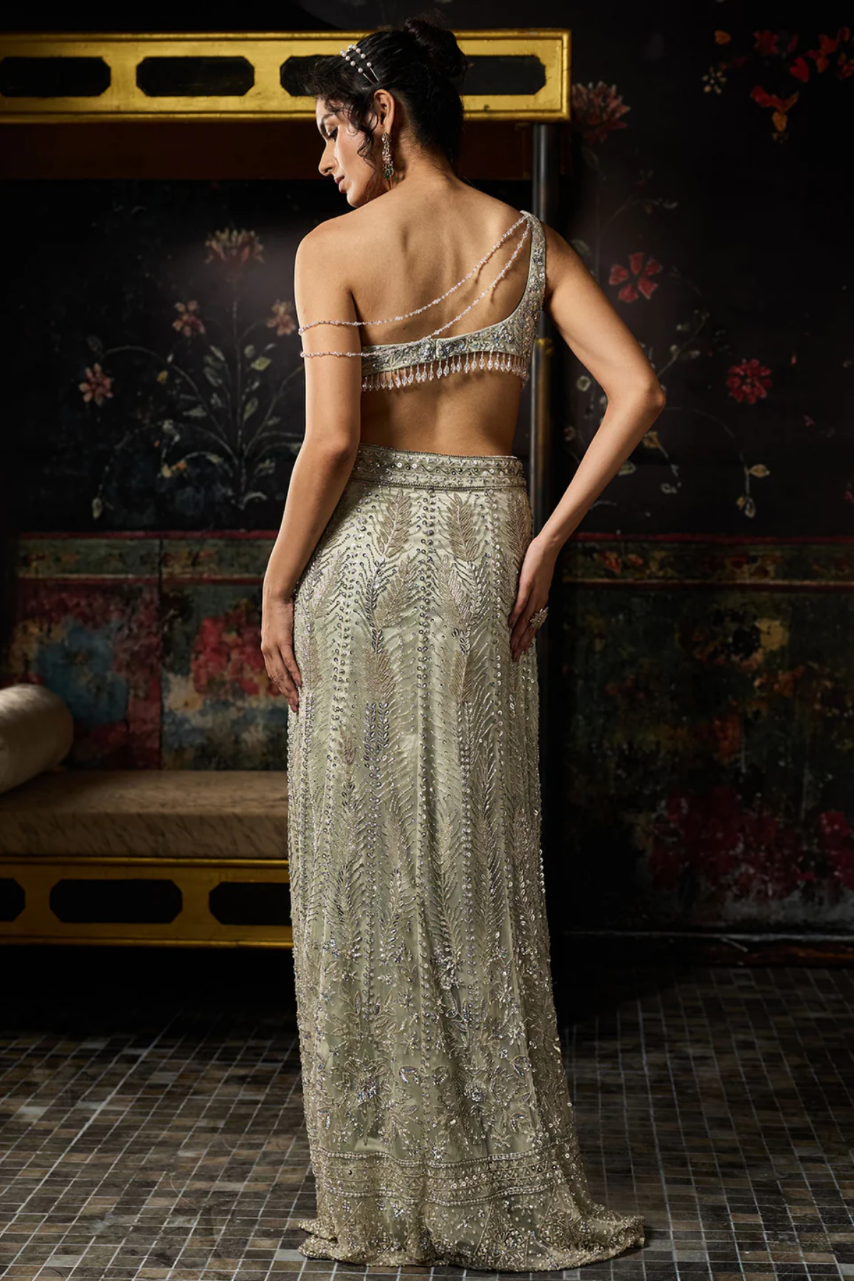 SILVER FULLY EMBELLISHED ASYMMETRICAL SLIT SKIRT SET