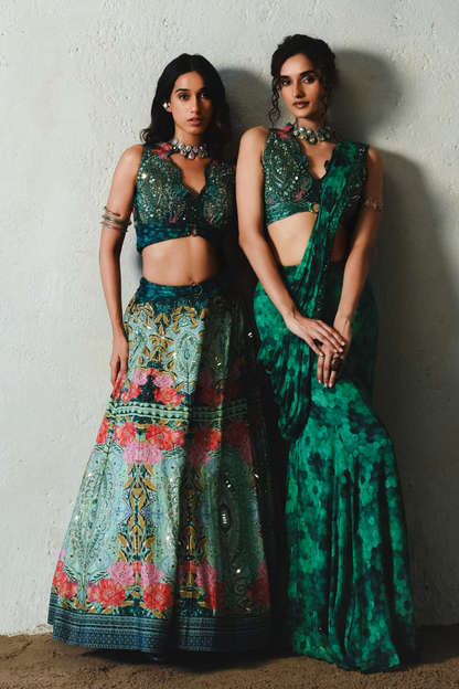 Bottle Green Chiffon Hand Embellished Lehenga Set