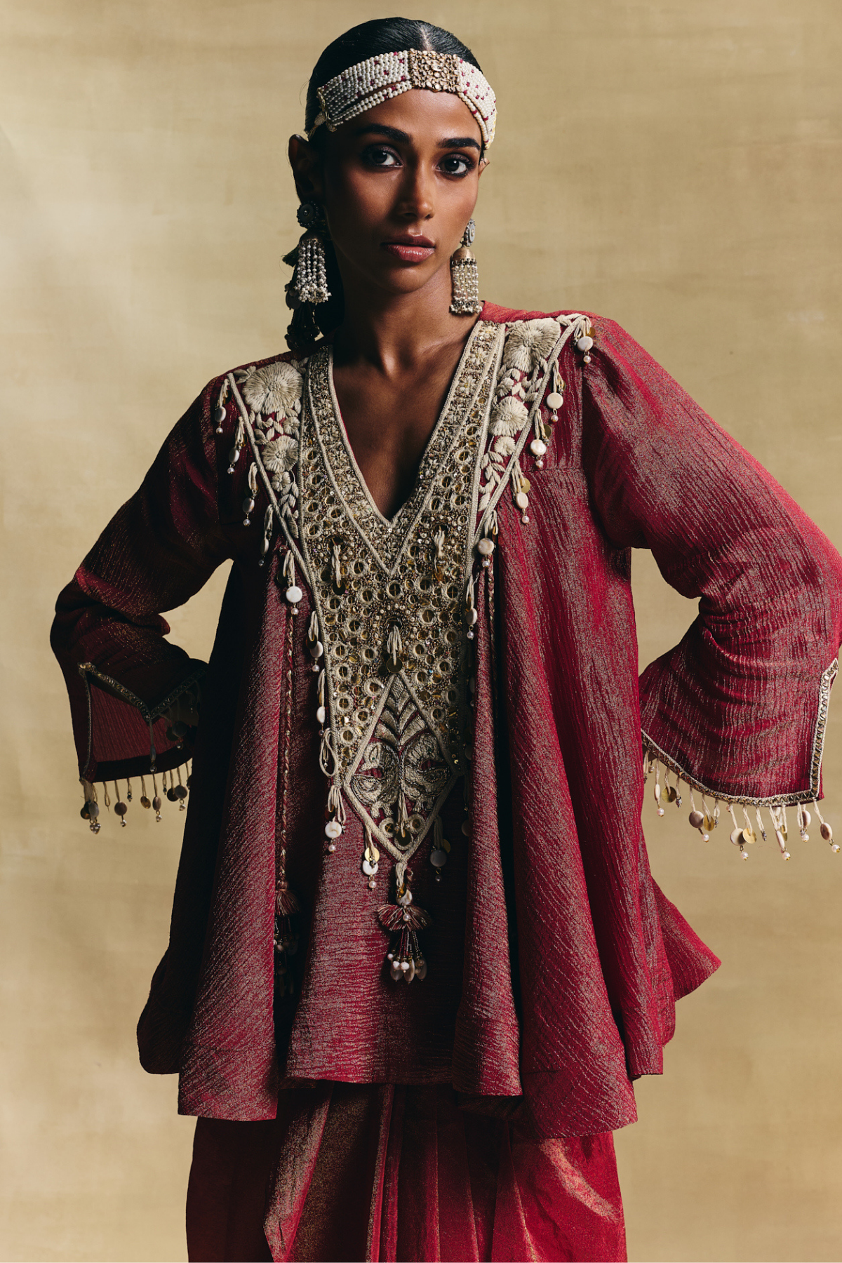 Red peplum & draped skirt