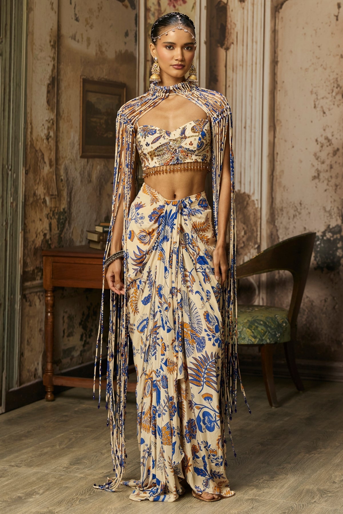 IVORY PRINTED AND HIGHLIGHTED BLOUSE WITH FRINGE JACKET & SKIRT SET