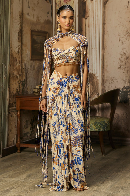 IVORY PRINTED AND HIGHLIGHTED BLOUSE WITH FRINGE JACKET & SKIRT SET