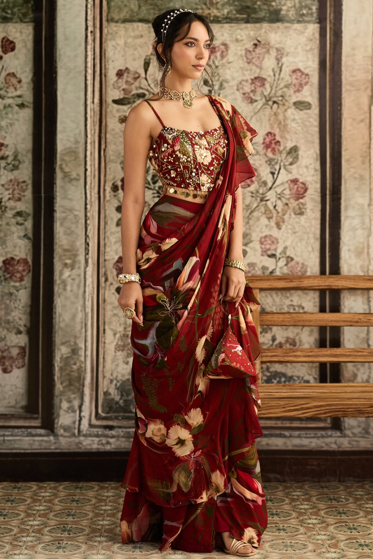 RED FLORAL PRINTED PLEATED SKIRT SAREE SET