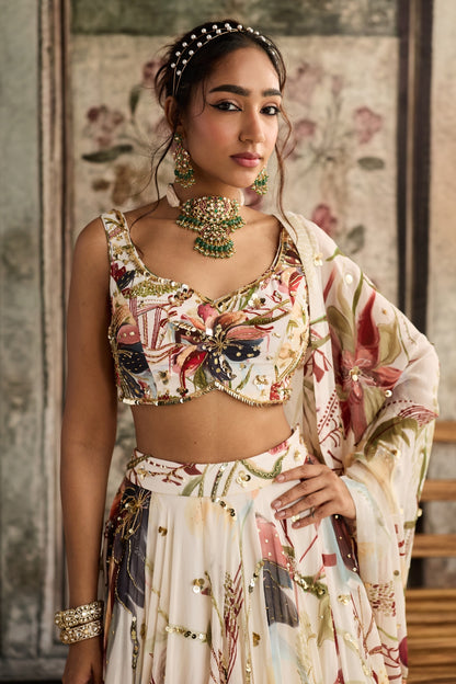 IVORY FLORAL PRINT AND HIGHLIGHTED LEHENGA SET