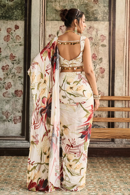 IVORY FLORAL PRINTED SKIRT SAREE SET