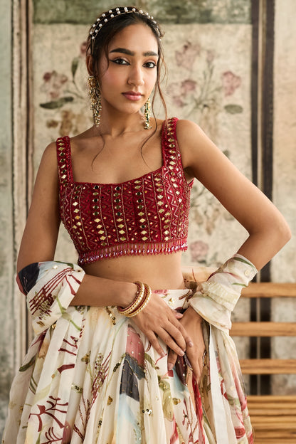 IVORY FLORAL PRINT AND HIGHLIGHTED LEHENGA SET