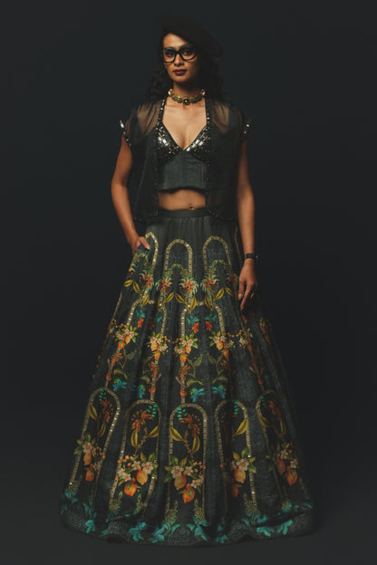 Charcoal Linen Satin Jacket Lehenga Set