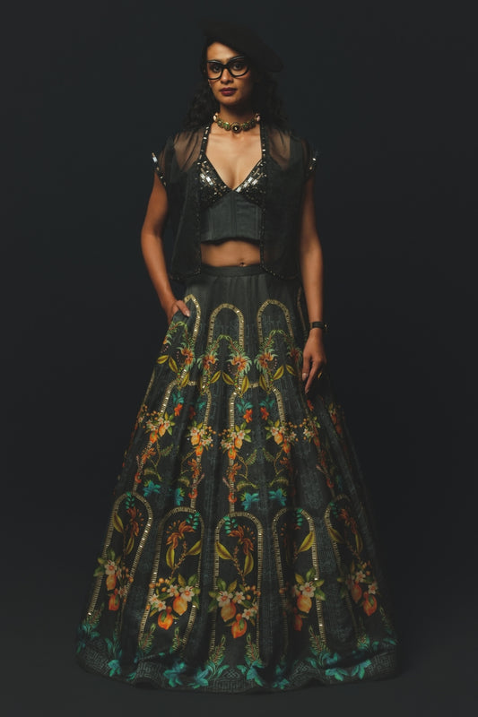 Charcoal Linen Satin Jacket Lehenga Set