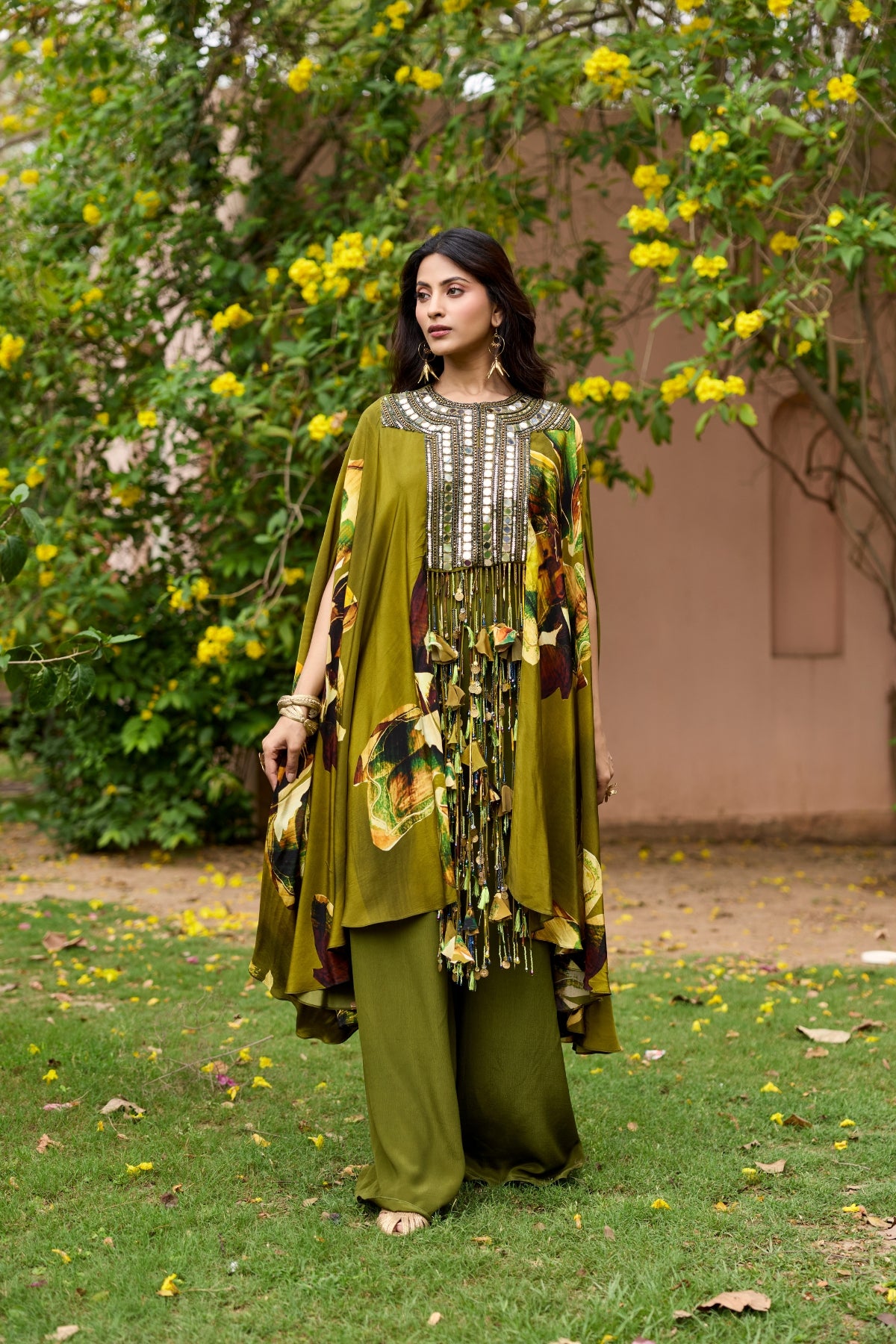 MATCHA GREEN FLORAL EMBROIDERED YOKE KAFTAN SET
